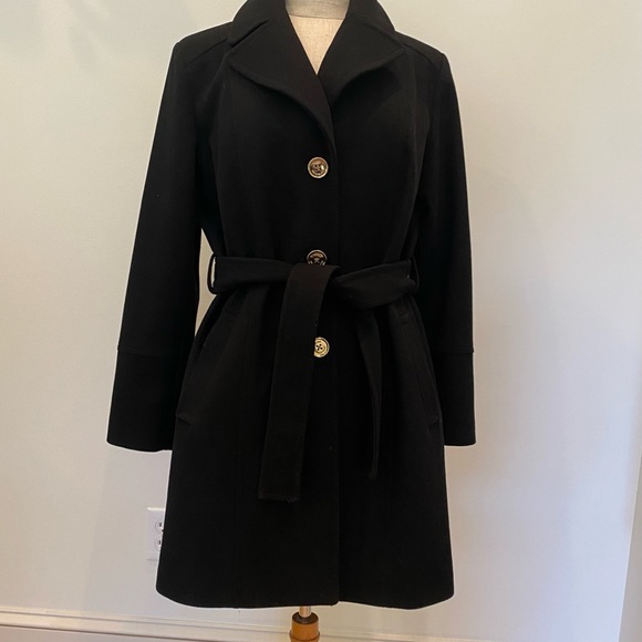 MiCHAEL Michael Kors Womens Black Coat w Gold Buttons / Belted / Size 12 - Picture 2 of 15